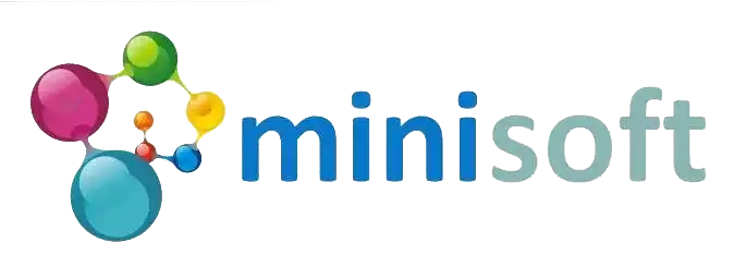 Λογότυπο Minisoft με πολύχρωμες σφαίρες και η γραμματοσειρά της εταιρείας